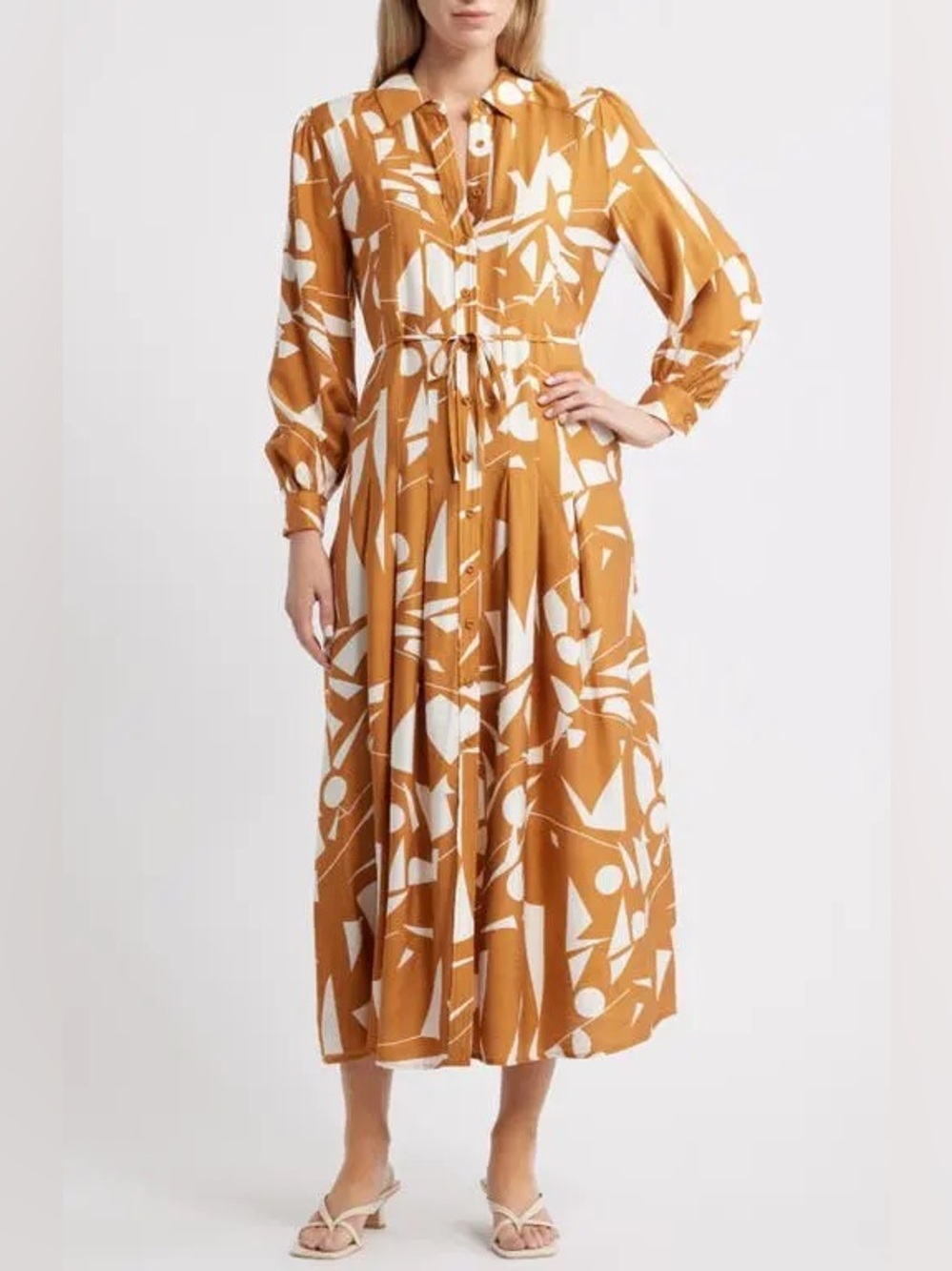 Melloday Geometric Print Long Sleeve Shirt Dress Mustard Ivory Size Small NWT